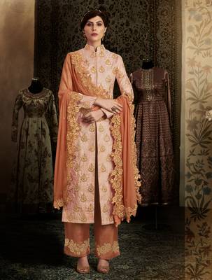 Peach booti brocade semi stitched salwar with dupatta 1