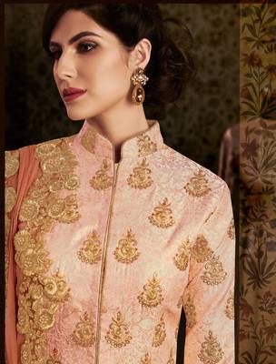 Peach booti brocade semi stitched salwar with dupatta 2