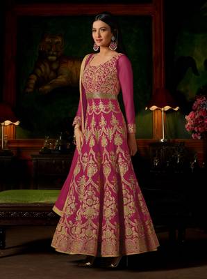 Magenta embroidered georgette semi stitched anarkali  with dupatta 1