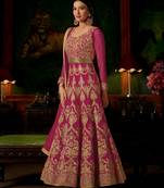 Magenta embroidered georgette semi stitched anarkali  with dupatta