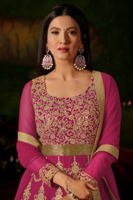 Magenta embroidered georgette semi stitched anarkali  with dupatta 2