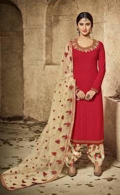 Maroon embroidered georgette semi stitched salwar with dupatta 1