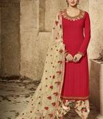 Maroon embroidered georgette semi stitched salwar with dupatta