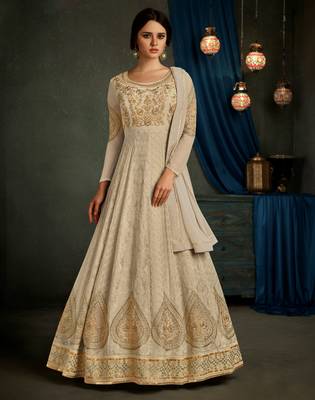 Beige embroidered georgette semi stitched salwar with dupatta 1
