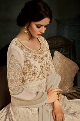 Beige embroidered georgette semi stitched salwar with dupatta 2
