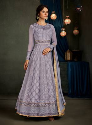 Light-purple embroidered georgette semi stitched salwar with dupatta 1