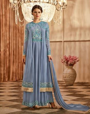 Light-blue embroidered georgette semi stitched salwar with dupatta 1