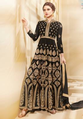 Black embroidered georgette semi stitched salwar with dupatta 1