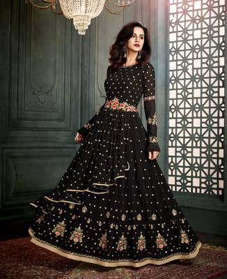 Black embroidered georgette semi stitched salwar with dupatta 1