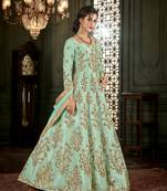 Teal embroidered silk semi stitched salwar with dupatta