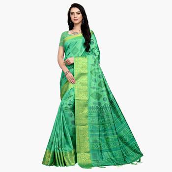 Green printed art silk saree with blouse 1