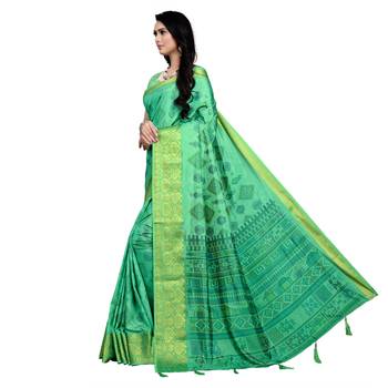 Green printed art silk saree with blouse 2