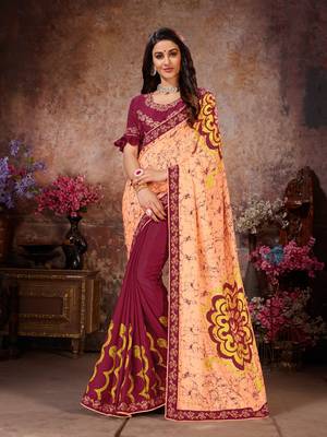 Peach printed georgette saree with blouse 1