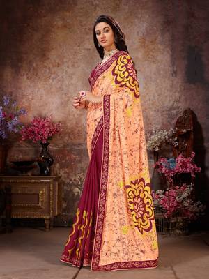 Peach printed georgette saree with blouse 2