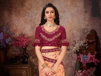 Peach printed georgette saree with blouse 4