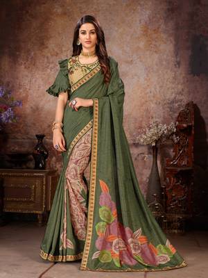 Green printed georgette saree with blouse 1