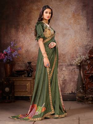 Green printed georgette saree with blouse 3