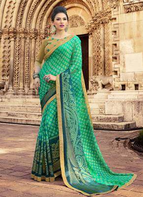 Sea green printed brasso saree with blouse 1