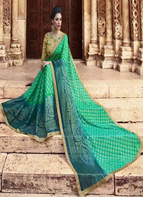 Sea green printed brasso saree with blouse 2