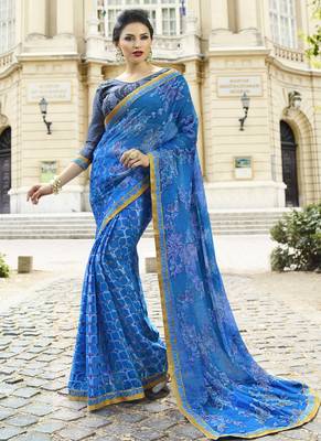 Sky blue printed brasso saree with blouse 1