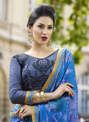 Sky blue printed brasso saree with blouse 2