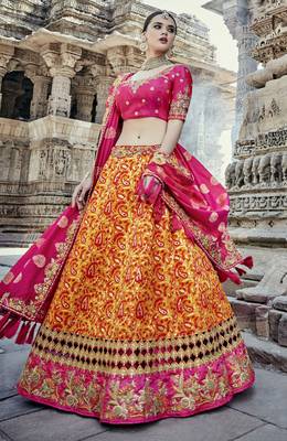 Orange embroidered silk semi stitched lehenga 1