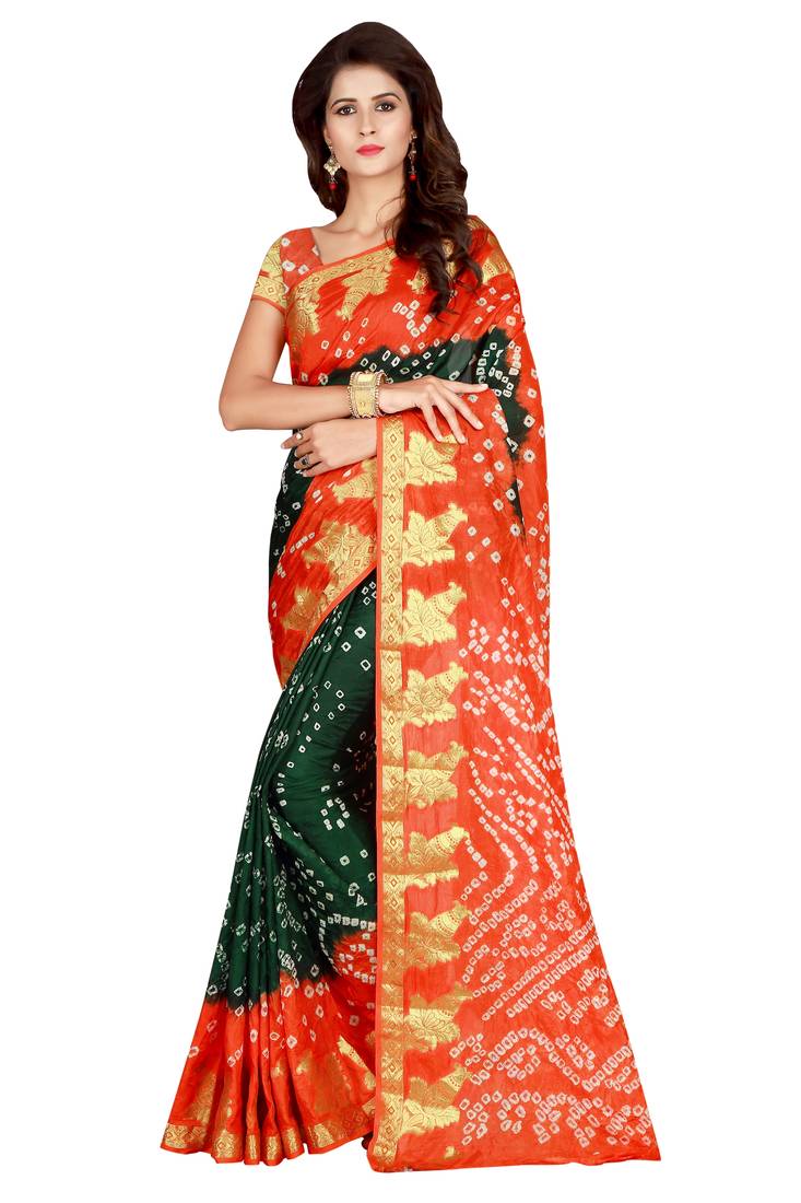 Eye Catching Multicolor Printed Silk Bandhani Saree For Traditional Look