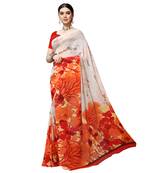 White printed faux georgette saree with blouse