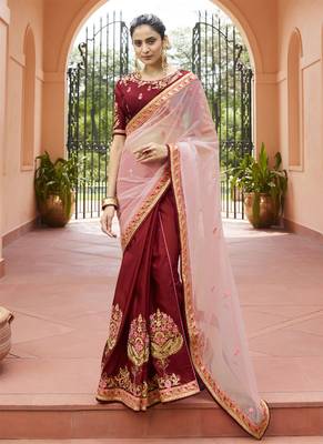 Peach embroidered silk saree with blouse 1