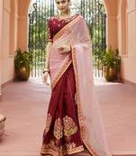 Peach embroidered silk saree with blouse