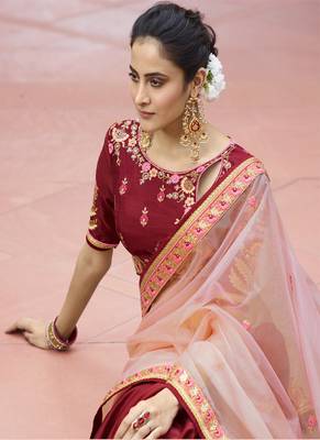 Peach embroidered silk saree with blouse 2