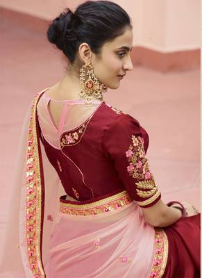 Peach embroidered silk saree with blouse 3