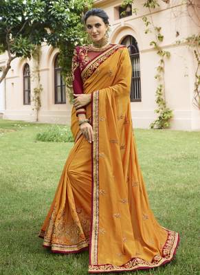 Mustard embroidered silk saree with blouse 1