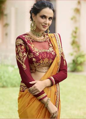 Mustard embroidered silk saree with blouse 2