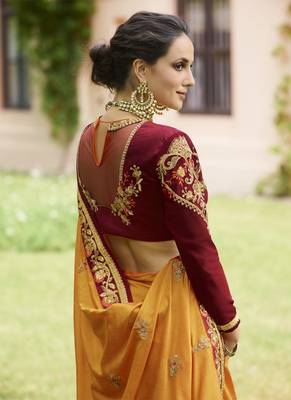 Mustard embroidered silk saree with blouse 3