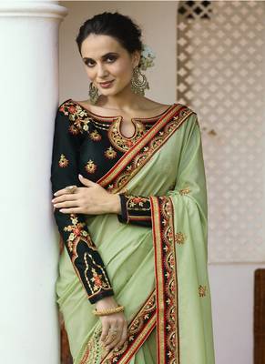 Light green embroidered silk saree with blouse 2