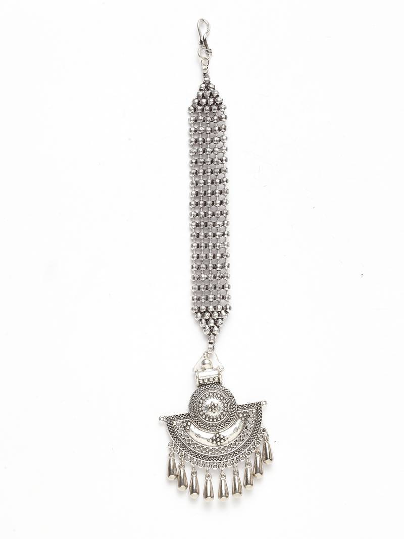 Oxidised Silver Plated Leheriya Textured Style Maang Tikka