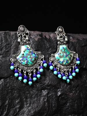 Handcrafted Blue Beads Resin Oxidised Silver Plated Brass Afghan Chandbalis 1