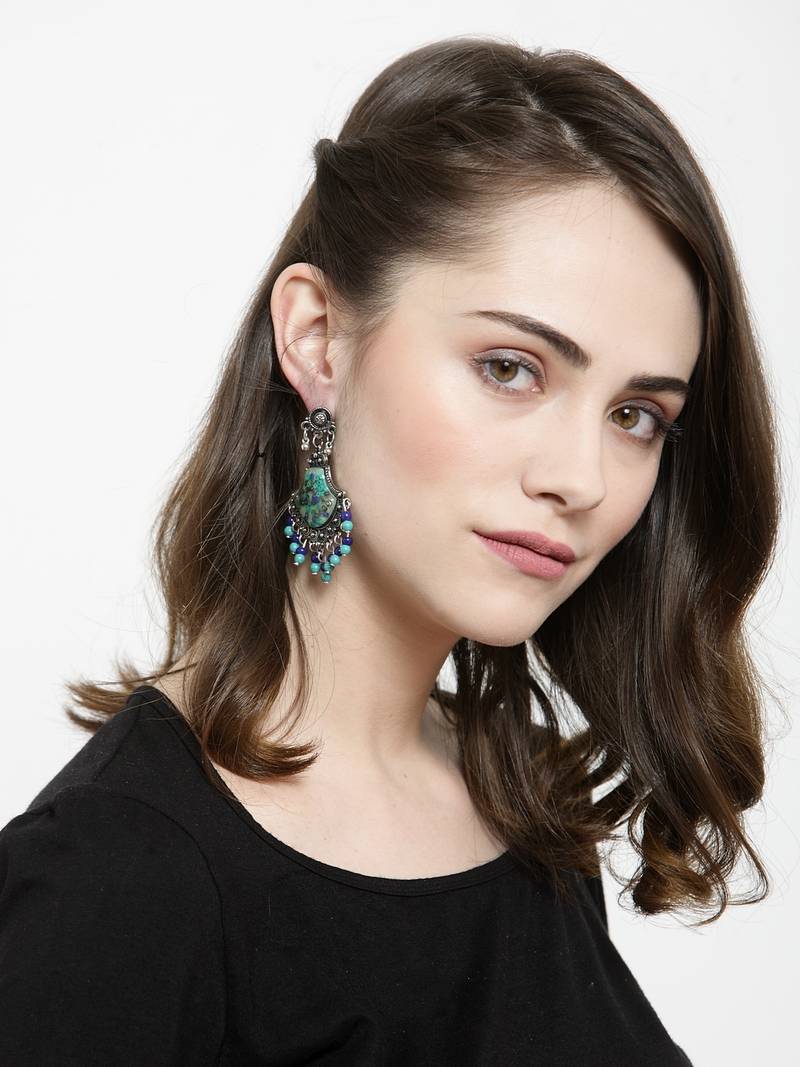 Handcrafted Blue Beads Resin Oxidised Silver Plated Brass Afghan Chandbalis