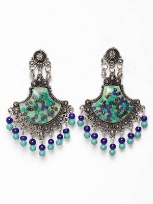 Handcrafted Blue Beads Resin Oxidised Silver Plated Brass Afghan Chandbalis 3