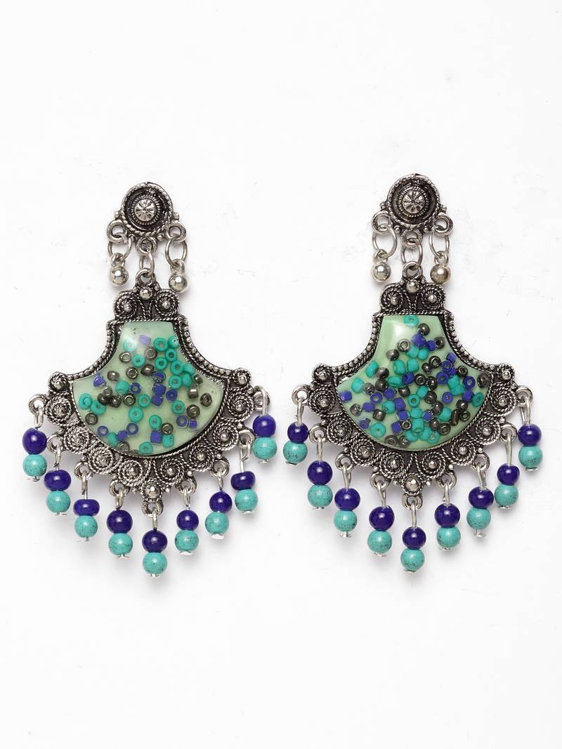 Handcrafted Blue Beads Resin Oxidised Silver Plated Brass Afghan Chandbalis