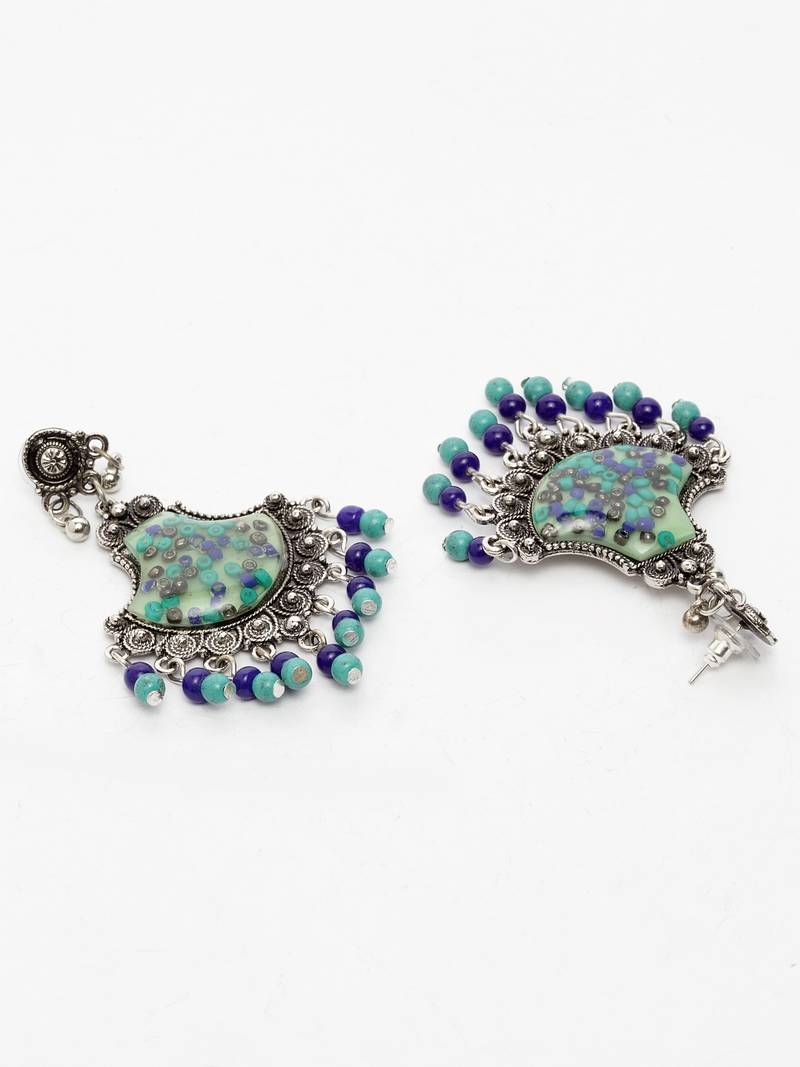 Handcrafted Blue Beads Resin Oxidised Silver Plated Brass Afghan Chandbalis