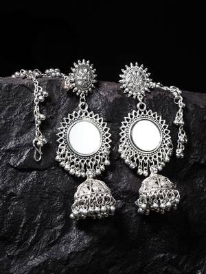 Handcrafted Mirror Design Oxidised Silver Plated Brass Jhumkas with Ear Chain 1