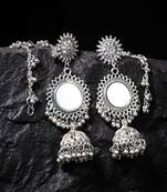 Handcrafted Mirror Design Oxidised Silver Plated Brass Jhumkas with Ear Chain