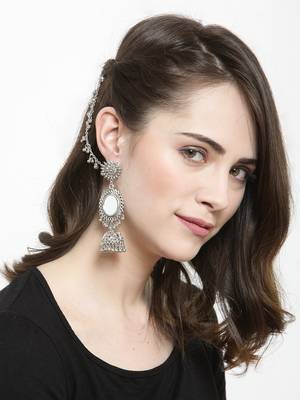 Handcrafted Mirror Design Oxidised Silver Plated Brass Jhumkas with Ear Chain 2