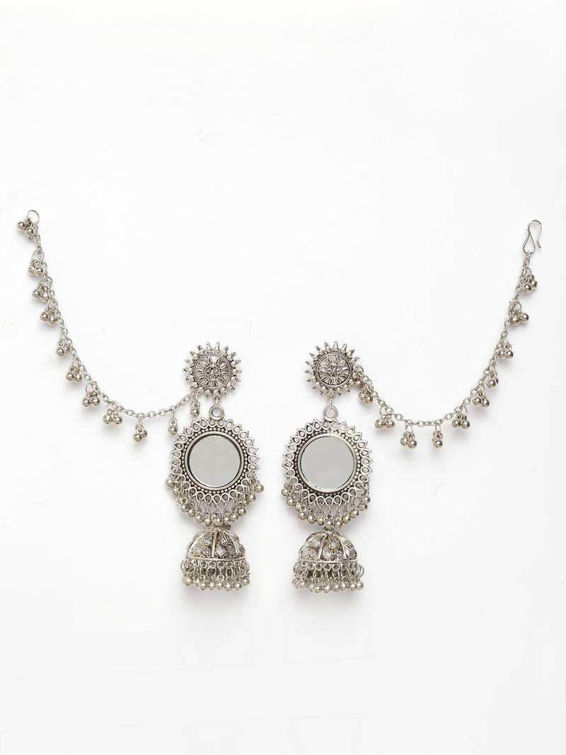 Handcrafted Mirror Design Oxidised Silver Plated Brass Jhumkas with Ear Chain