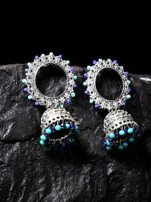 Handcrafted Blue Beads Afghan Design Oxidised Silver Plated Brass Jhumkas 1