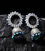 Handcrafted Blue Beads Afghan Design Oxidised Silver Plated Brass Jhumkas