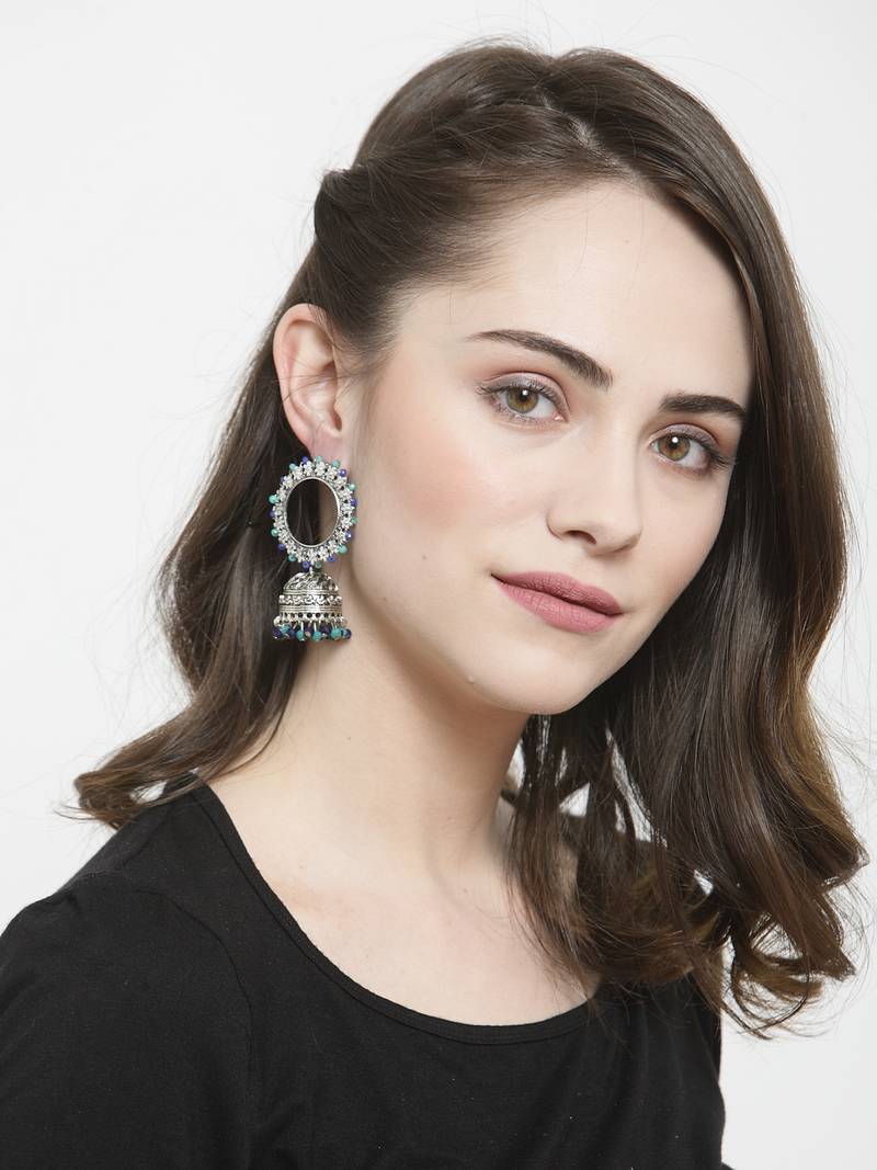 Handcrafted Blue Beads Afghan Design Oxidised Silver Plated Brass Jhumkas