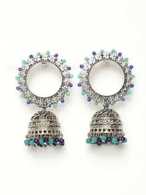 Handcrafted Blue Beads Afghan Design Oxidised Silver Plated Brass Jhumkas 3